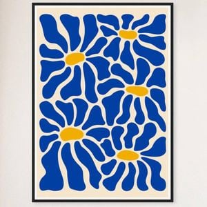 Galrie Vibrant Blue Flowers - Matisse Inspired Abstract Art Print for Home Decor, Black Frame, A2 42 x 60cm (16 x 24inch)