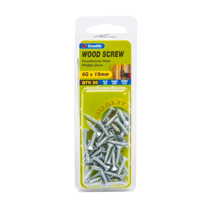 Zenith 6G x 15mm Zinc Plated Wood Screw - 50 Pack