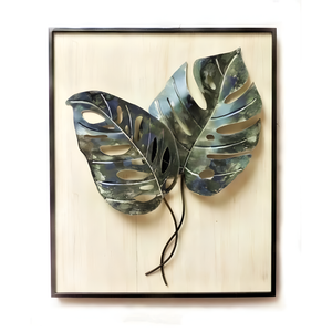 P&P Green Wooden Frame Metal Wall Art with Elegant Pair of Leaves and Nature-Inspired Detailing