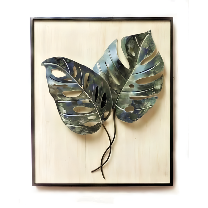 P&P Green Wooden Frame Metal Wall Art with Elegant Pair of Leaves and Nature-Inspired Detailing