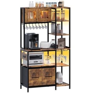 Advwin Bakers Rack with Power Outlet and LED Light Coffee Bar Cabinet Kitchen Microwave Stand Brown