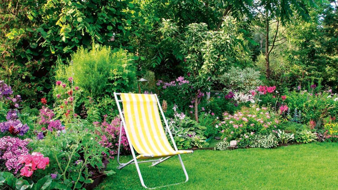 Garden with hammock chair in the yard, grass is green thanks to seasol 