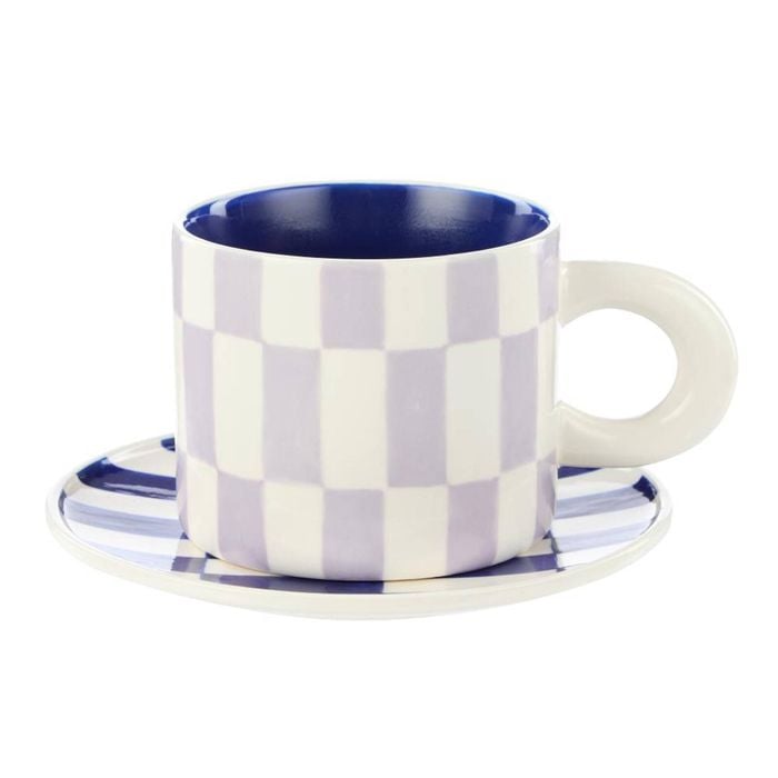 Emporium Check Mug & Plate Set - Purple/blue