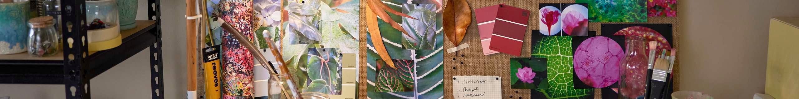 Mood board featuring plants, leaves and nature inspiration, images and colours