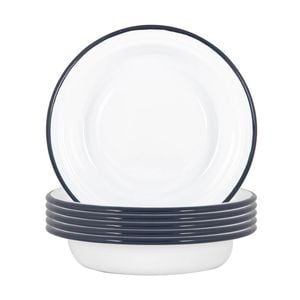 Argon Tableware White Deep Bowls - 19cm - Set Of 6 - Navy Blue Metal Enamel Cereal Lightweight Camping Serving Bowls