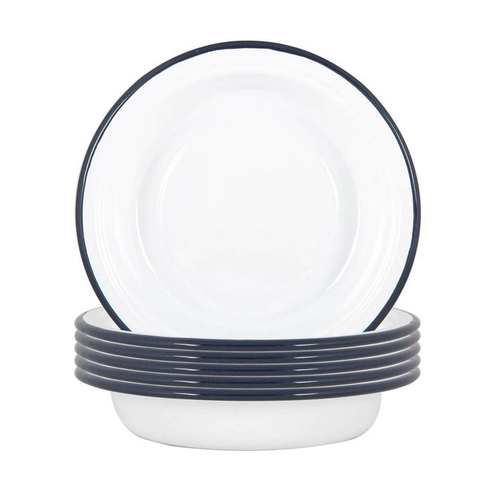 Argon Tableware White Deep Bowls - 19cm - Set Of 6 - Navy Blue Metal Enamel Cereal Lightweight Camping Serving Bowls