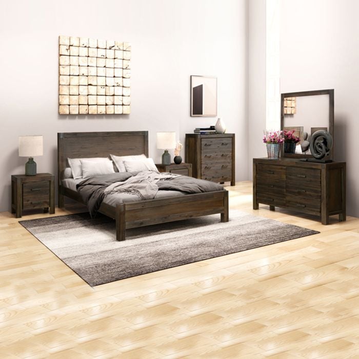 5 Pieces Bedroom Suite in Solid Wood Veneered Acacia Construction Timber Slat King Size Chocolate Colour