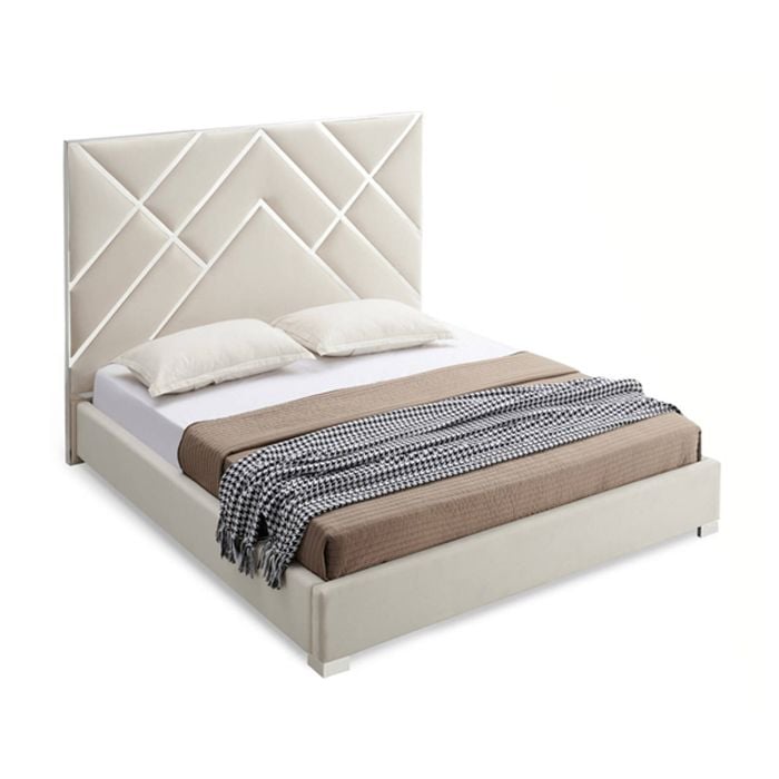 Bed Frame Fabric Upholstery  Stainless Steel Feet in Queen Beige