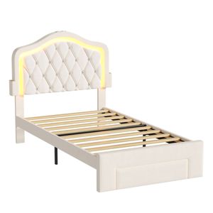 Ufurniture Adjustable Headboard Bed Frame with Drawer and Sockets King Single Beige