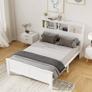 HOMFURN Double Wooden Bed Frame with Storage Headboard – 3 Open Compartments + Fold-Down Shelf, White