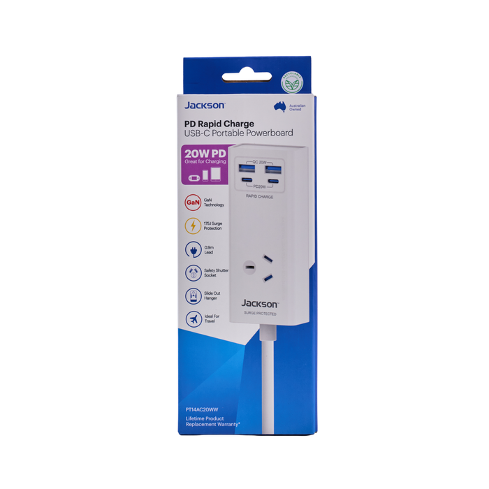 Jackson 1 Outlet Adaptor W USB 2A/2C PD20W White