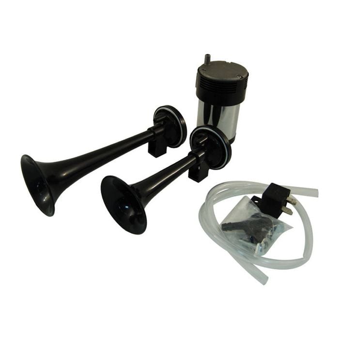 Black 12V Twin Trumpet Air Horn Set With Strong Chrome Compressor