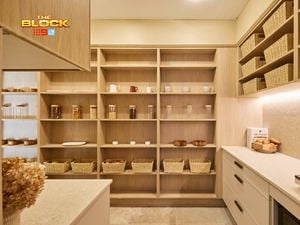 Butler’s pantry from The Block with open shelving, storage baskets, and a coffee station.