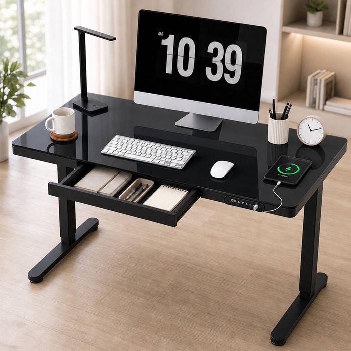 Ufurniture Electric Standing Desk with Drawer One-Piece Glass Desktop 120x60cm