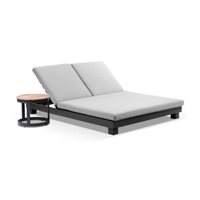 Santorini Aluminium Double Sun Lounge In Teak Look With Round Side Table