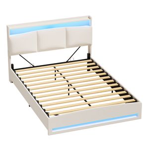 Ufurniture LED Hydraulic Lift Bed Frame Queen with Hidden Storage and Charging Station Linen Upholstered Platform Bed Beige