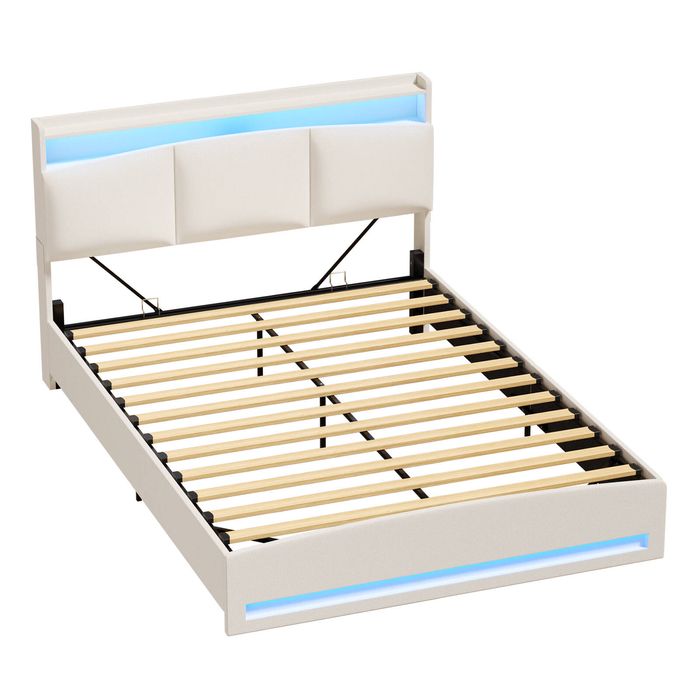 Ufurniture LED Hydraulic Lift Bed Frame Queen with Hidden Storage and Charging Station Linen Upholstered Platform Bed Beige