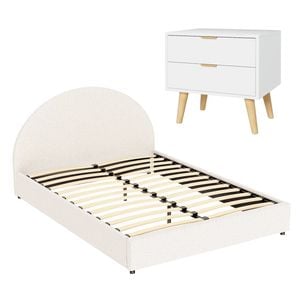 Artiss Gas Lift Bed Frame with Bedside Table Set Boucle Fabric Queen