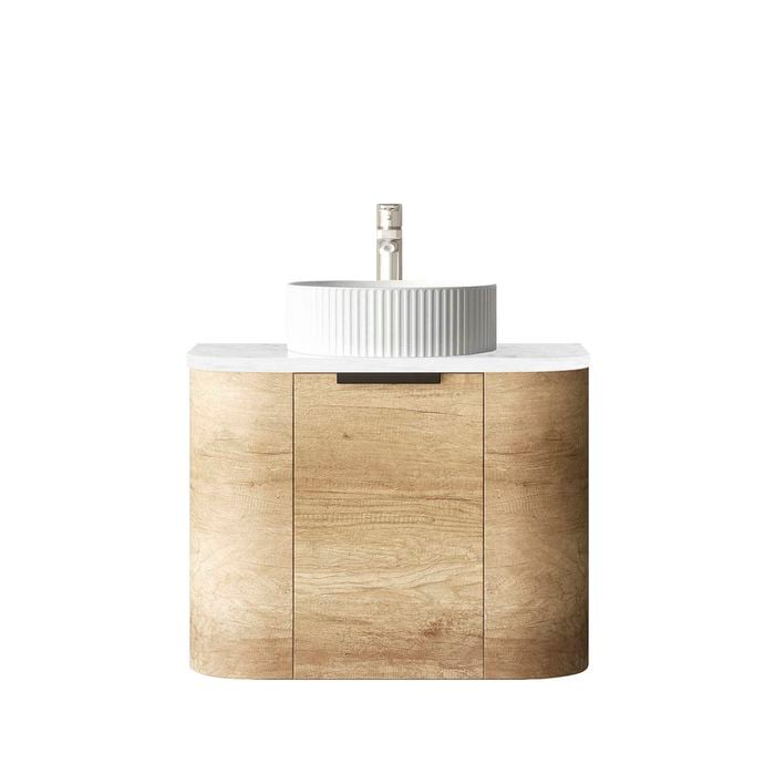 Attica 600mm Natural Oak Bentwood Wall Hung Curve Vanity With Carrara Stone Top