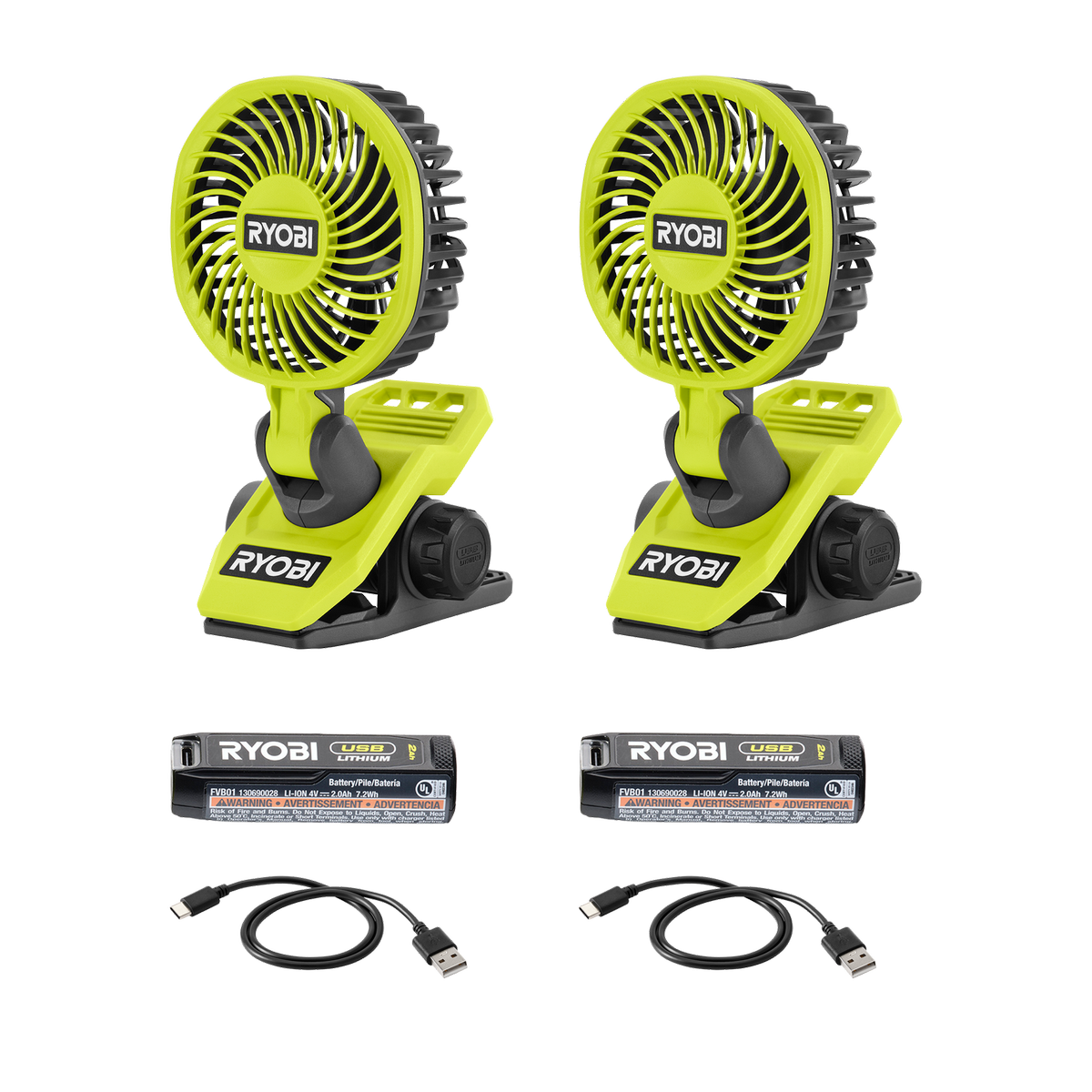 Ryobi USB Lithium Mini Clamp Fan Twin Pack 2x 2Ah Kit