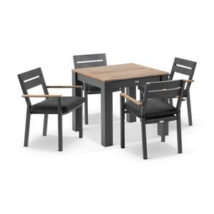 Balmoral 4 Seater Square Teak Top Aluminium Dining Table Charcoal With Capri Chairs & Denim Grey Cushions