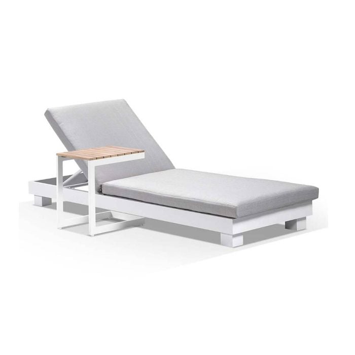 Santorini Aluminium Sun Lounge White With Side Table & Textured Olefin Grey Cushions