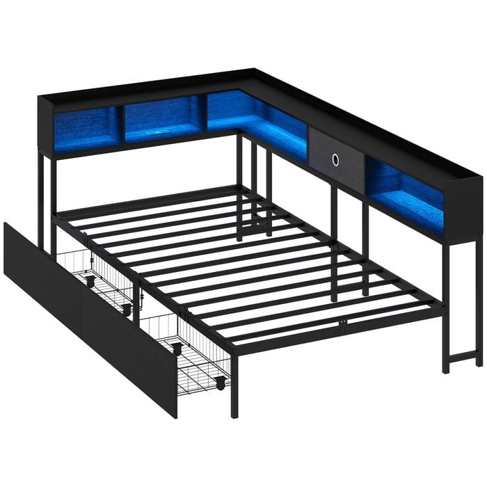 Ufurniture King Single Corner Bed Frame With Storage Drawers Led Light Shelves And Charging Station Black
