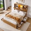 HOMFURN King Single Bed Frame with 4 Drawers, Storage Headboard, USB & Night Light, Natural Wood Finish