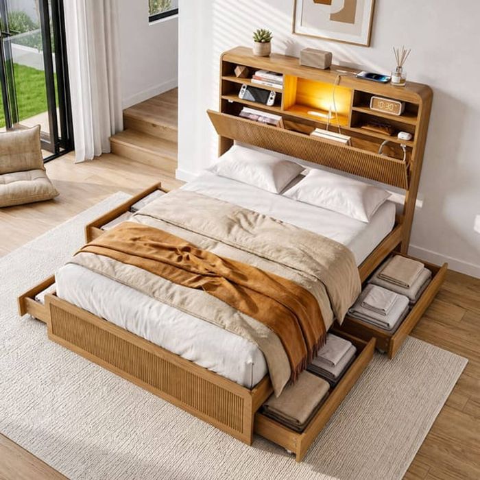 HOMFURN King Single Bed Frame with 4 Drawers, Storage Headboard, USB & Night Light, Natural Wood Finish