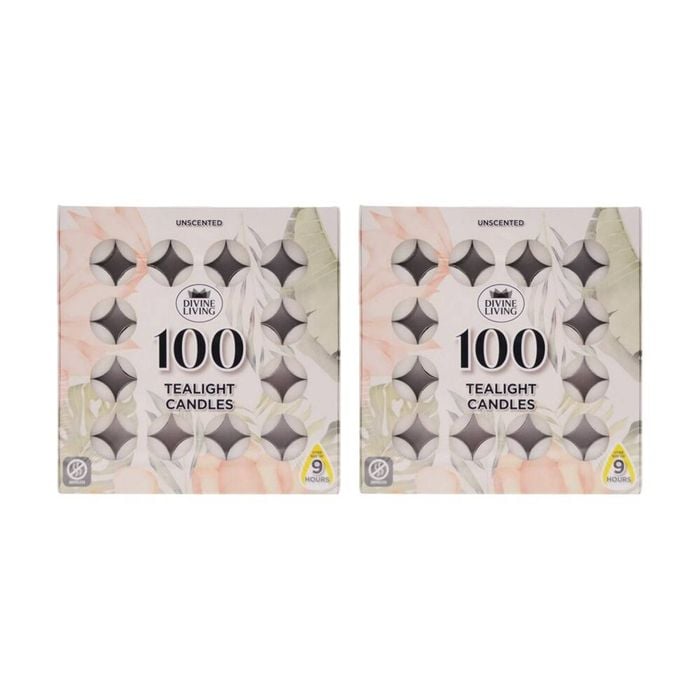 2x 100pc Divine Living Unscented Tealights Candles 9 Hours Burn Time 18.8x18.8cm