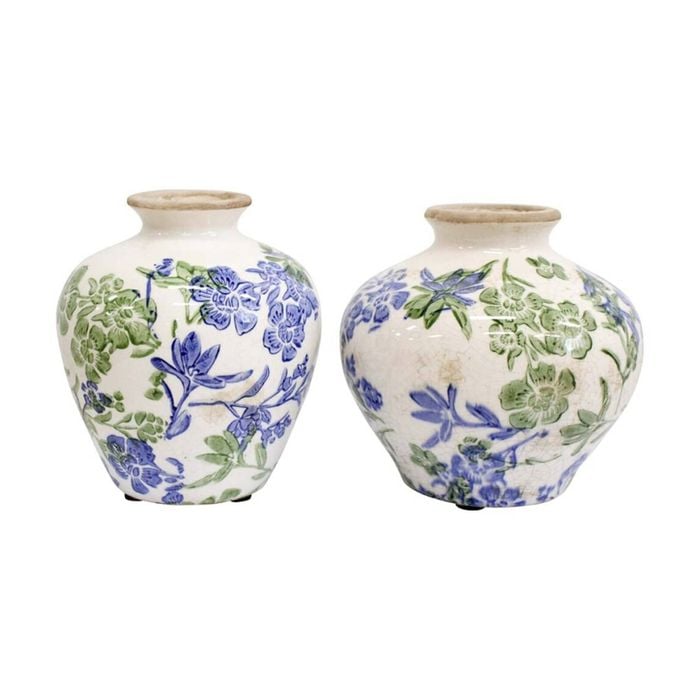 2pc Lvd Handcrafted Squat Botanical Blue Ceramic Bud Vase Set Lrg/sml