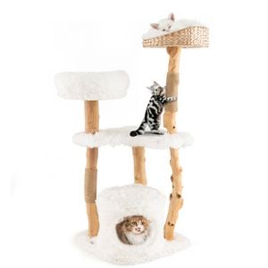 Costway 124cm Wood Cat Tree Tall Scratching Post Kitty Condo House Cat Climbing Furniture White