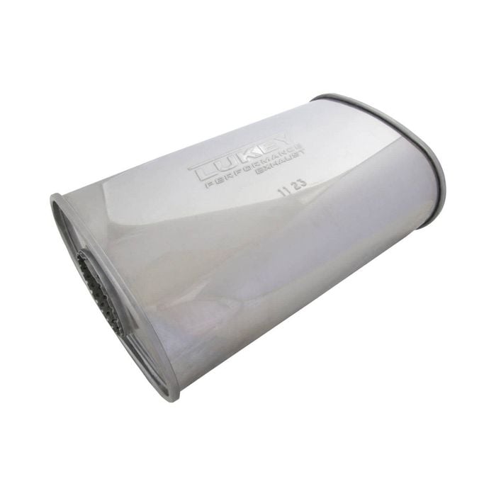 Lukey 2-1/2" Chambered Muffler Offset/centre - 8" X 4" Oval, 14" Long, 430 Ss
