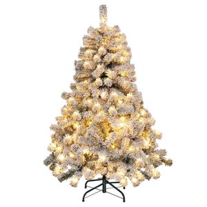Costway Snow Flocked Christmas Tree Hinged Pre-lit Xmas Tree 150 LEDs Party Decoration