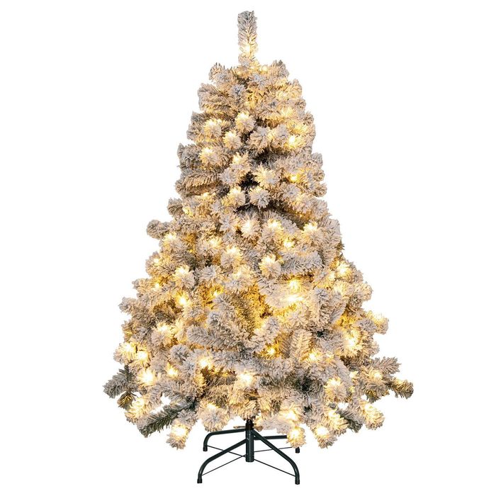 Costway Snow Flocked Christmas Tree Hinged Pre-lit Xmas Tree 150 LEDs Party Decoration