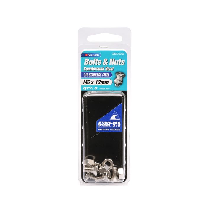 Zenith M6 x 12mm 316 Stainless Steel Countersunk Head Bolt And Nut - 5 Pack