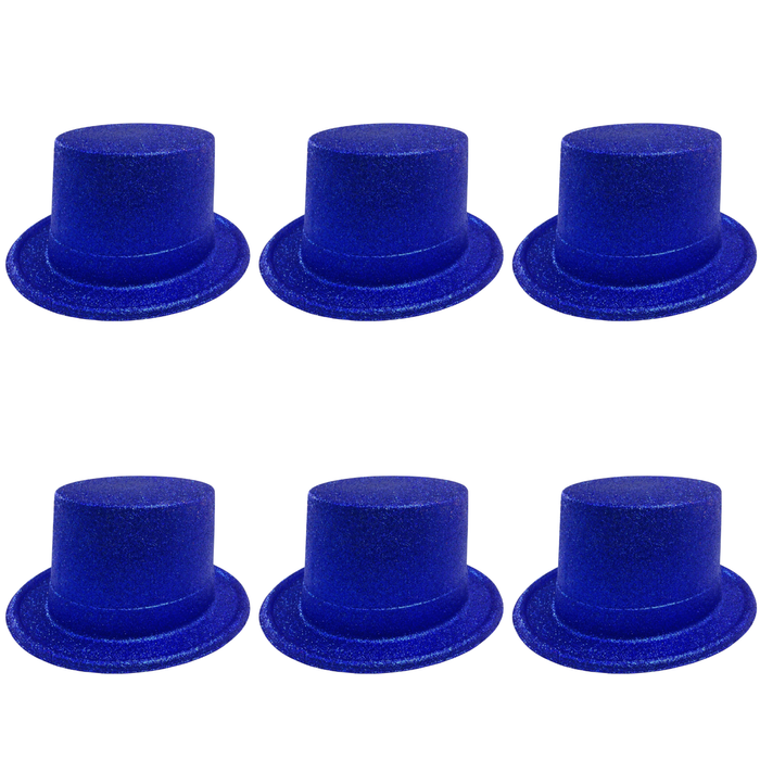6x Glitter Top Hat Fancy Party Plastic Costume Tall Cap Fun Bulk Blue