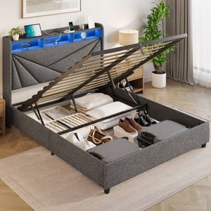 HOMFURN Double Size Gas Lift Bed Frame with LED Lights and Charging Station, Modern Upholstery Bed