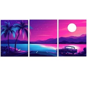 3pcs Vibrant Miami Beach Sunset with Palm Trees Print 100% Australian Made 3 x 40x60cm (Metal Print)