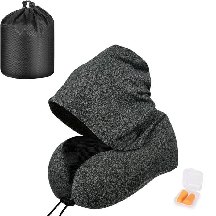 Catzon Travel Neck Pillow with Hood Memory Foam for Neck Support-F05-Dark Grey