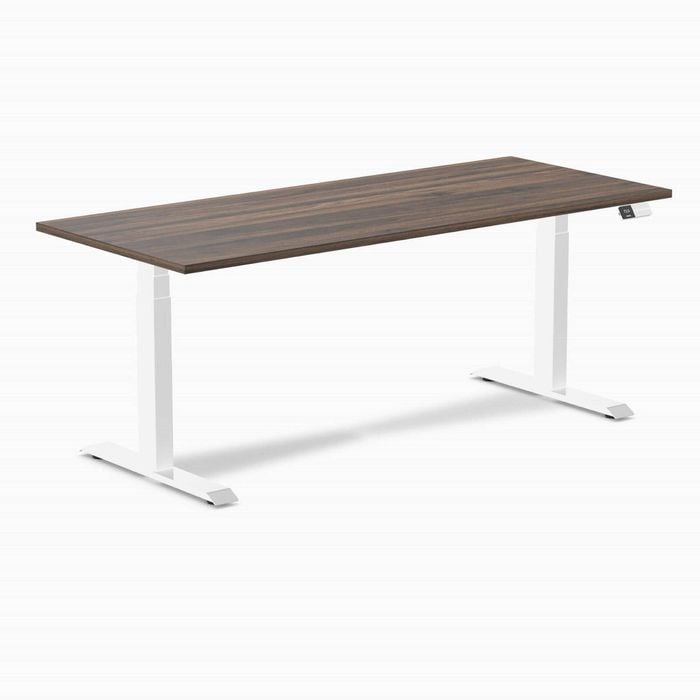 Desky Dual Sit To Stand Jarrah Legno Melamine Desk 180x75cm White Height Adjustable Legs