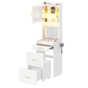 Ufurniture Tall LED Vanity Table with Flip Top Mirror & Charging Station, White