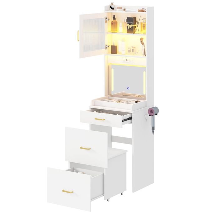 Ufurniture Tall LED Vanity Table with Flip Top Mirror & Charging Station, White