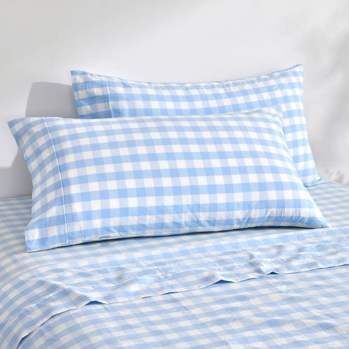 Dreamaker Lola Washed Cotton Yarn Dyed Gingham King Pillowcase Sky Twin Pack