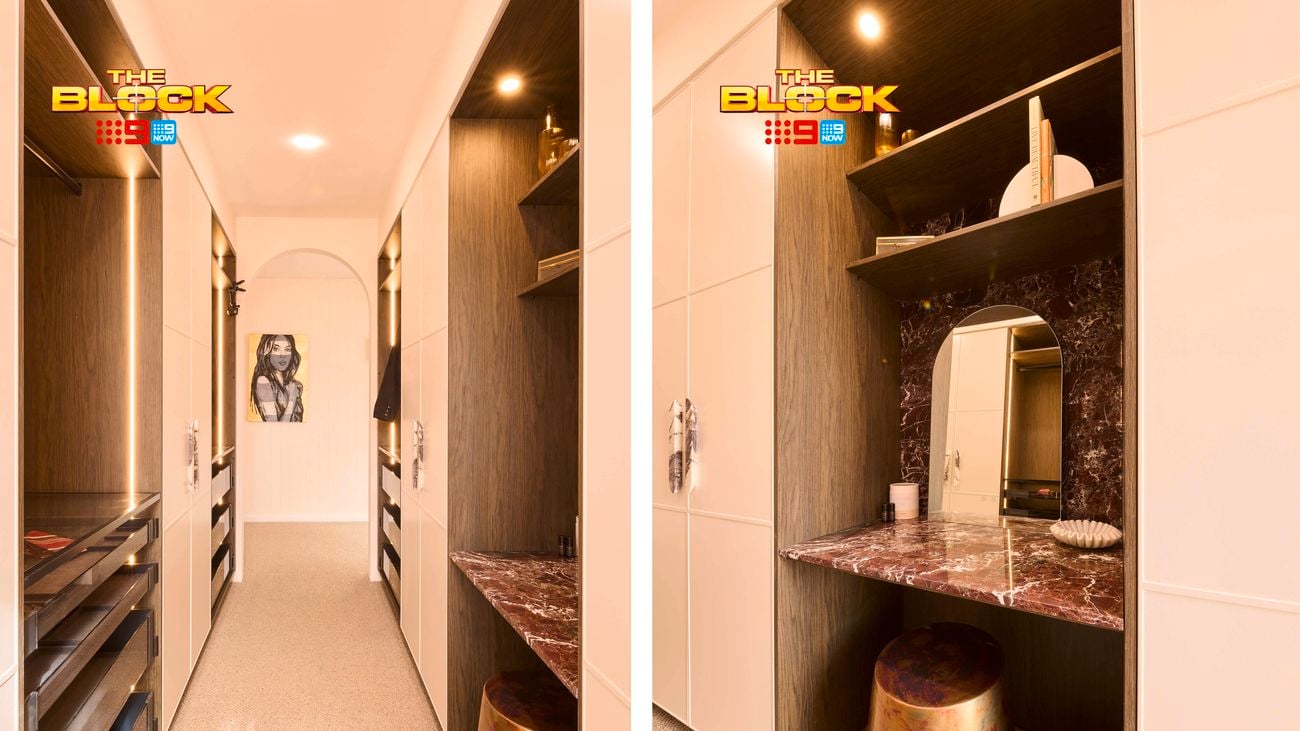 A split view of a hallway and vanity area. The left side shows a long, narrow hallway with shelves and drawers on both sides, leading to an arched doorway with a lion picture on the wall. The right side features a vanity area with a marble countertop, mirror, overhead shelves, and a gold-colored stool. Both views showcase modern design and organised storage.