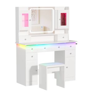 Ufurniture Dressing Table with 7 Drawers & RGB Lighting Makeup Vanity Desk Set with LED Mirror Power Outlet & Cabinets White