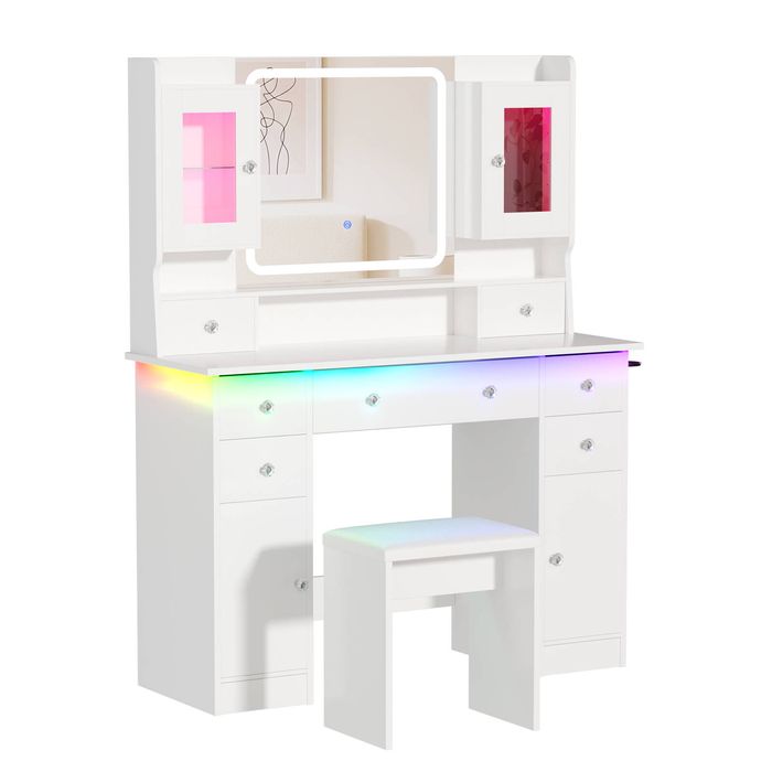 Ufurniture Dressing Table with 7 Drawers & RGB Lighting Makeup Vanity Desk Set with LED Mirror Power Outlet & Cabinets White