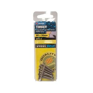 Zenith 8G x 30mm Stainless Steel Timber Screw - 8 Pack