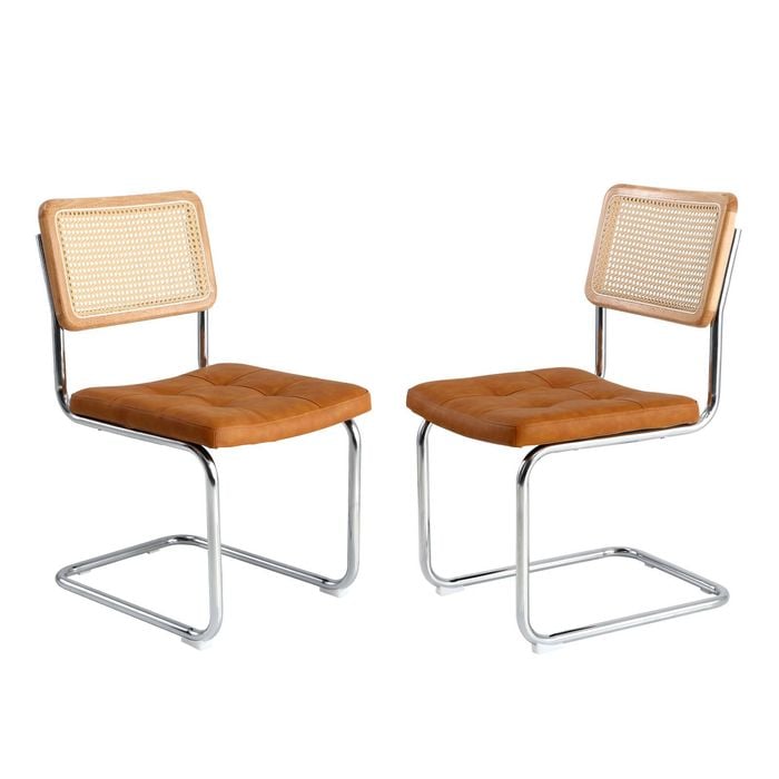 Oikiture 2PC Dining Chair PU leather Seat Backrest with PE rattan White&Black