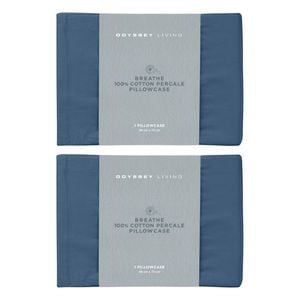 2x Odyssey Living Breathe Cotton Standard Pillowcase 48cm X 73cm Marine Blue